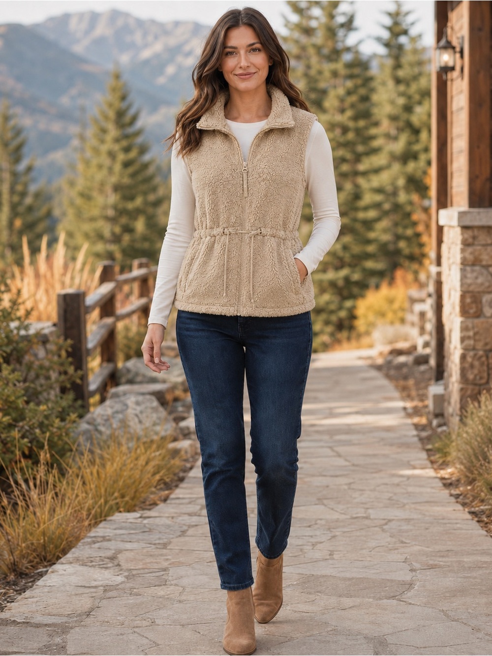 Lucky Brand Faux Shearling Zip Front Vest Khaki - Medium